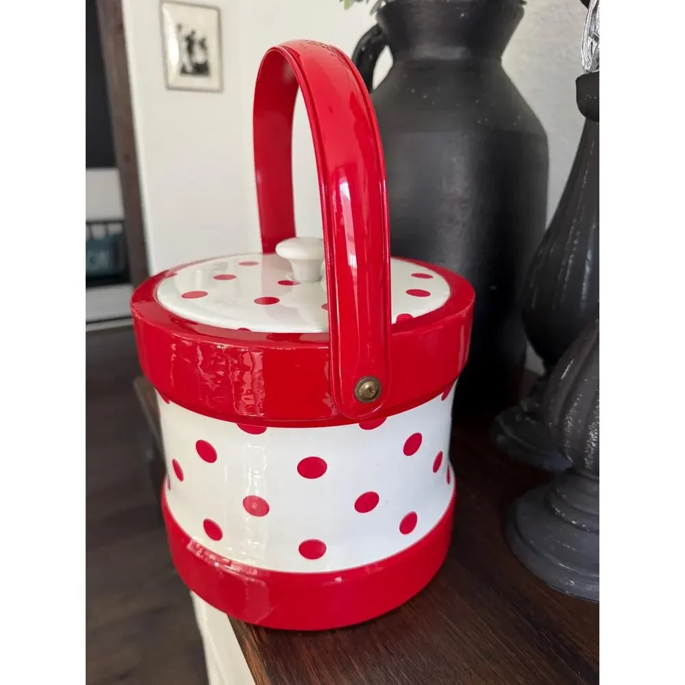 Vintage Red White Polka Dot Ice Bucket Retro Vinyl Barware Mid Century Style